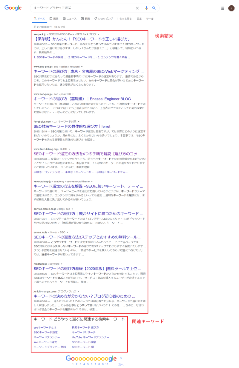 キーワード選定方法の解説 Google検索 検索結果