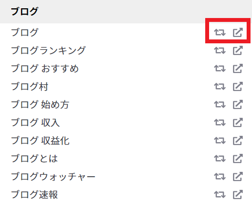 ラッコキーワード 検索結果の見方 キーワード横のマークの説明