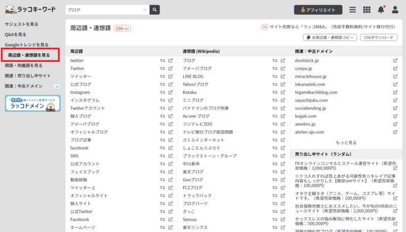 ラッコキーワードの検索結果 周辺語・連想語